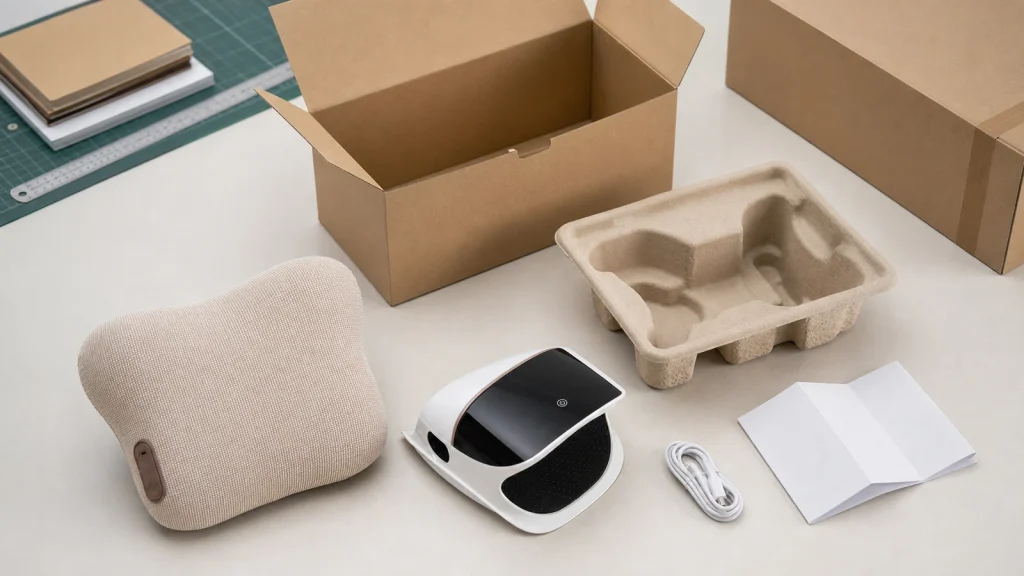 Custom massage device packaging sample review with products, molded insert, retail box and accessories
