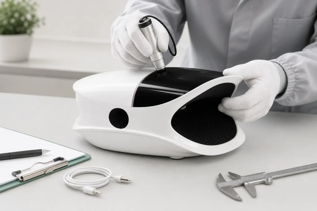 Massage device quality control inspection of a cordless hand massager