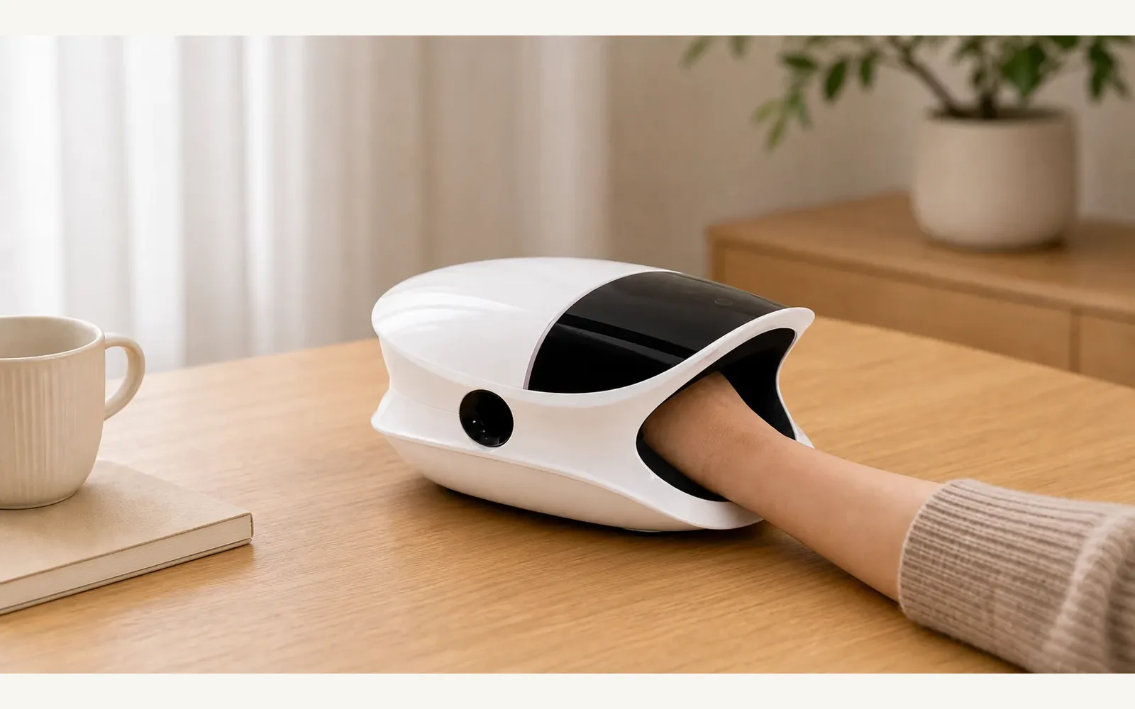 ZMH623 cordless hand massager used on a clean home office desk