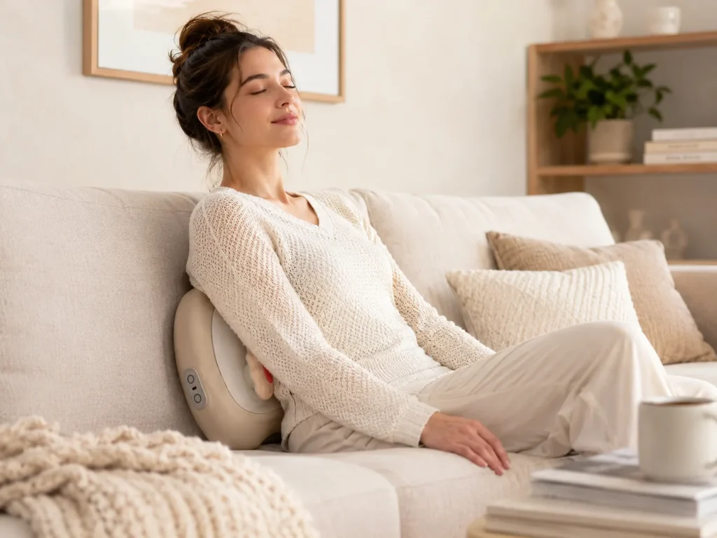 Woman relaxing on sofa with Zomarr massage cushion in a warm home wellness scene