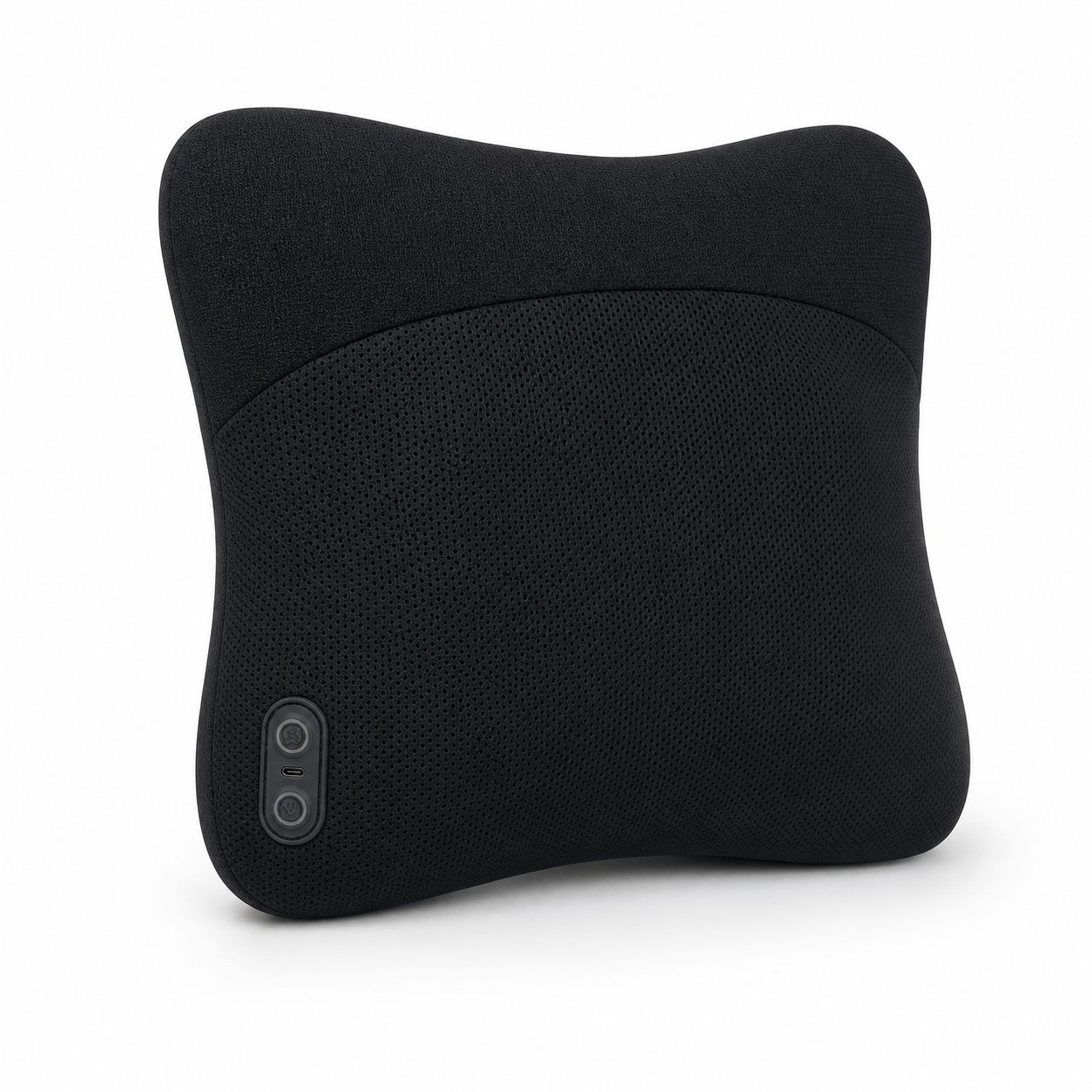 Black massage device on a warm rose-white studio background