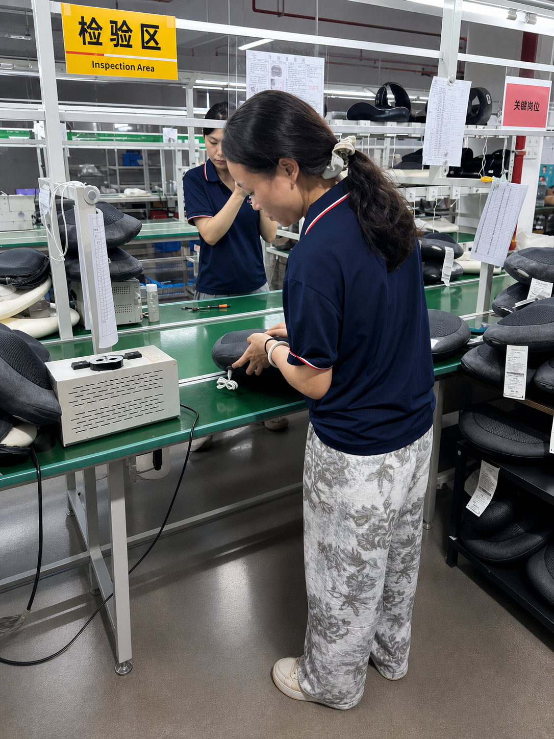 Worker inspecting a massage product in the inspection area
