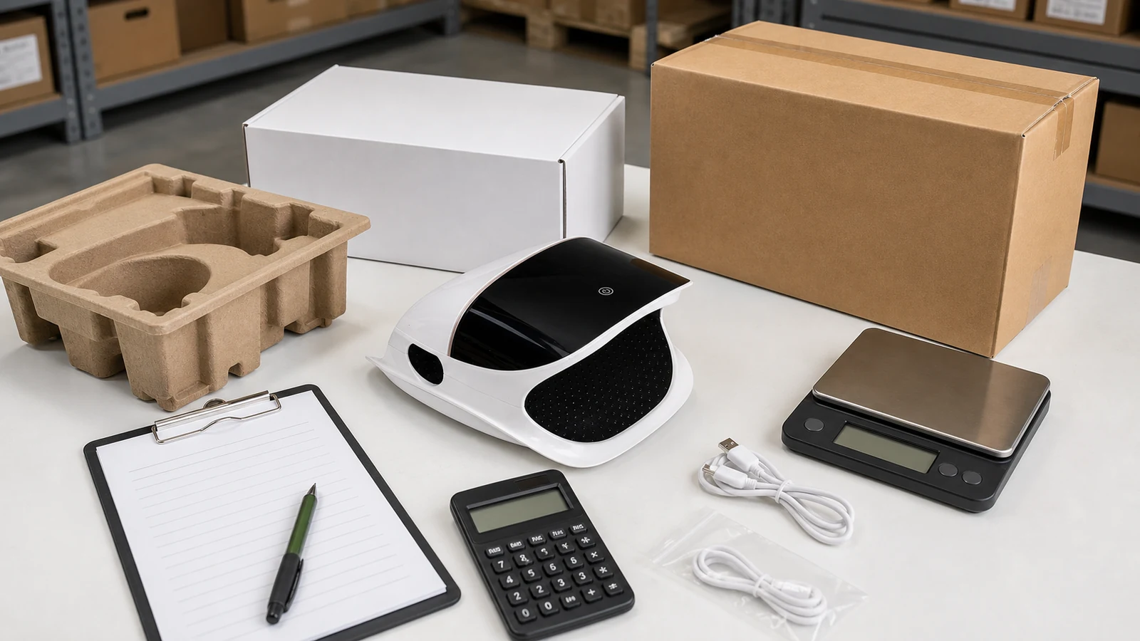 Massage device landed cost review with retail box, shipping carton, insert, charging cables, scale and inspection checklist