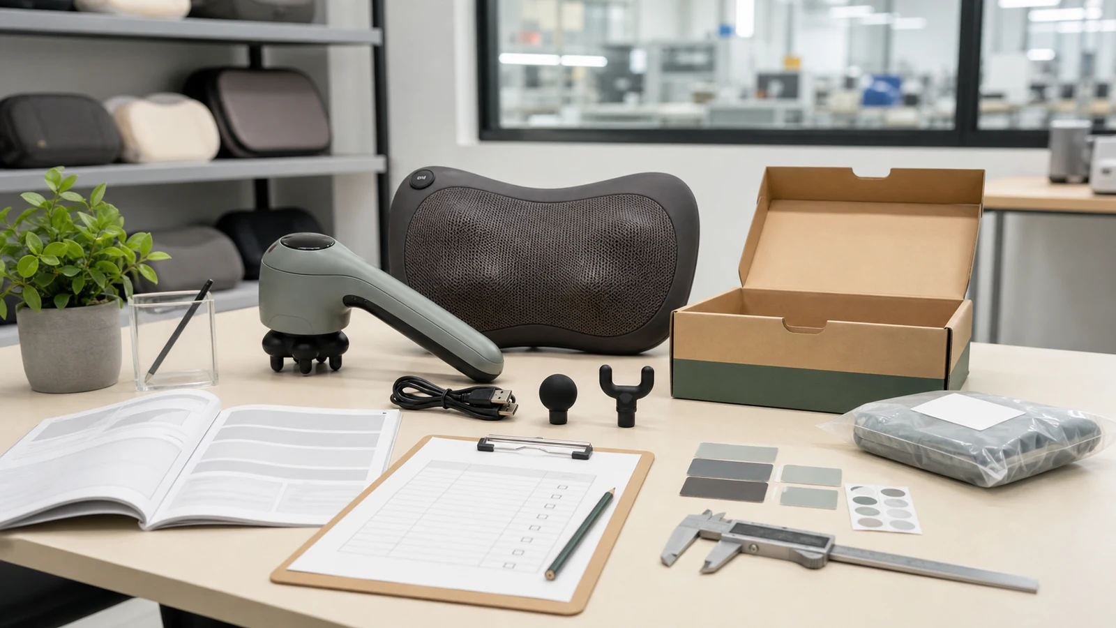 Massage device sample approval review with products, packaging and inspection checklist