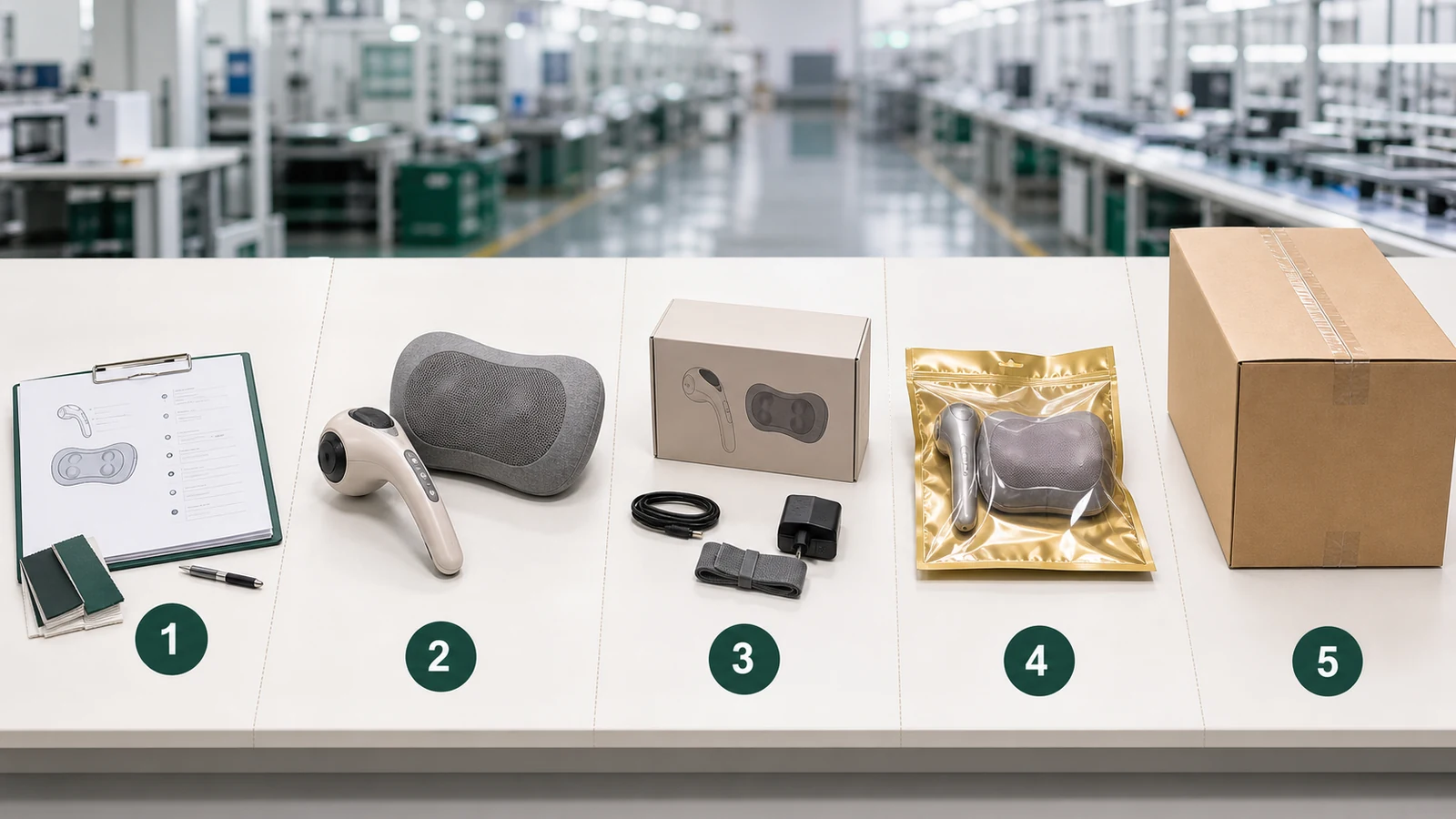 OEM massage device golden sample workflow with requirement review, sample testing, packaging approval, sealed reference sample and carton