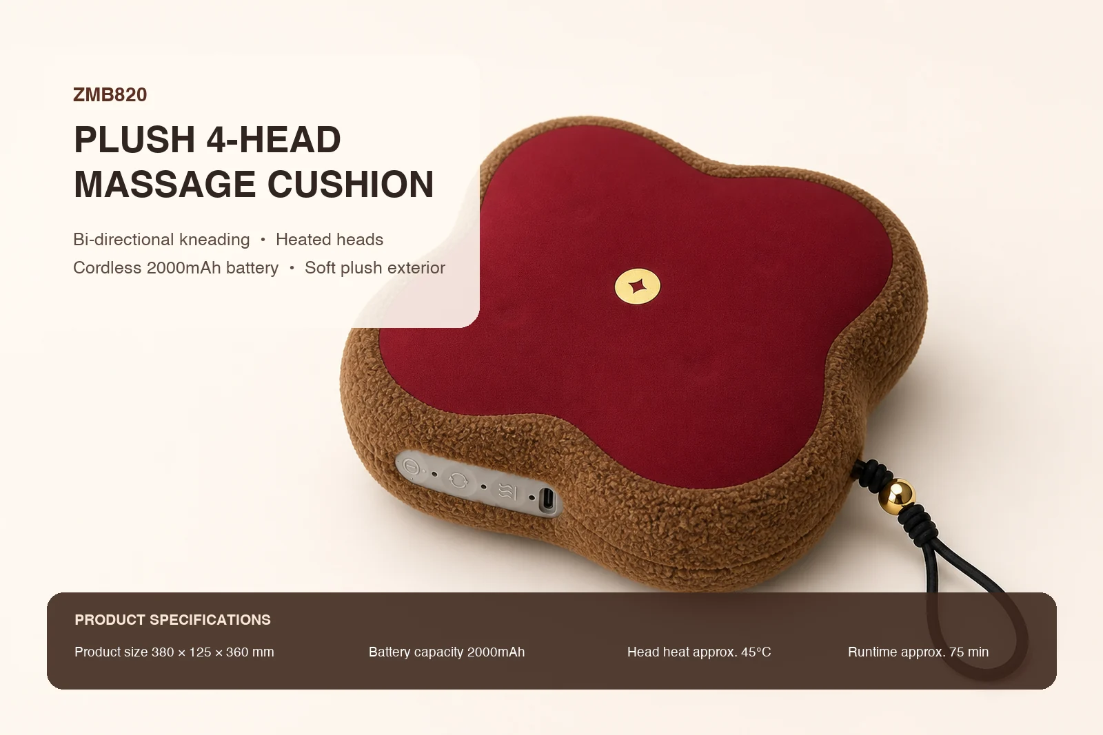 ZMB820 cordless plush four-head massage cushion features and product specifications