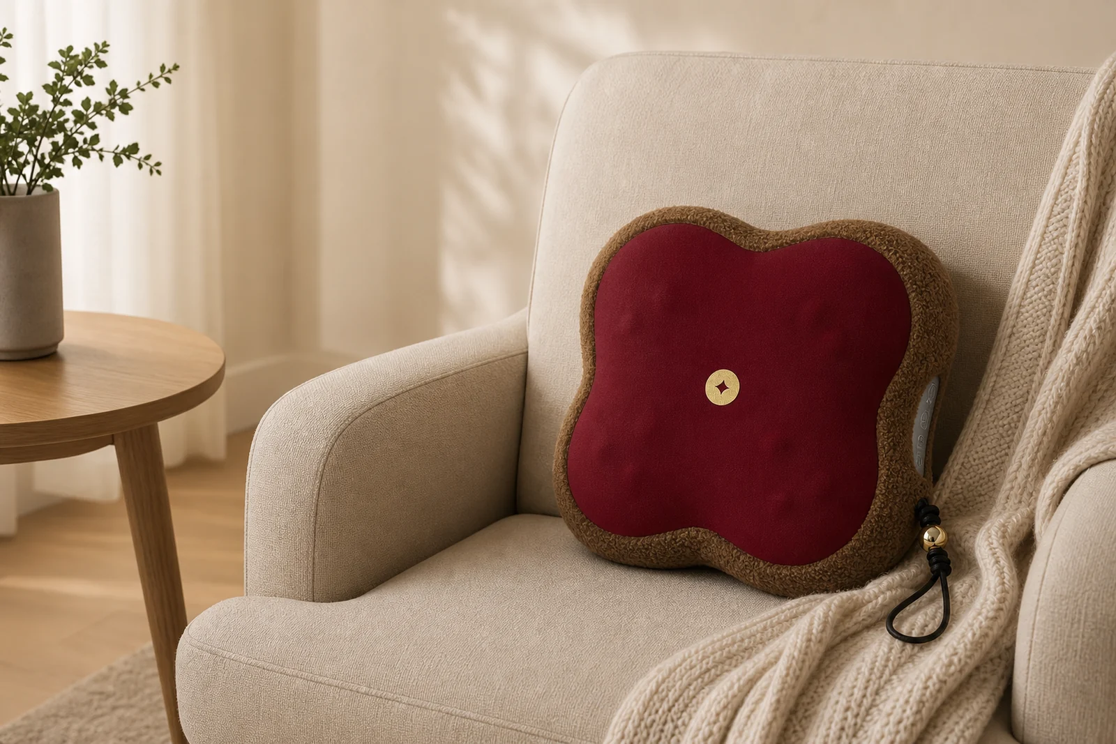 ZMB820 plush four-head massage cushion on a modern living room sofa in daylight
