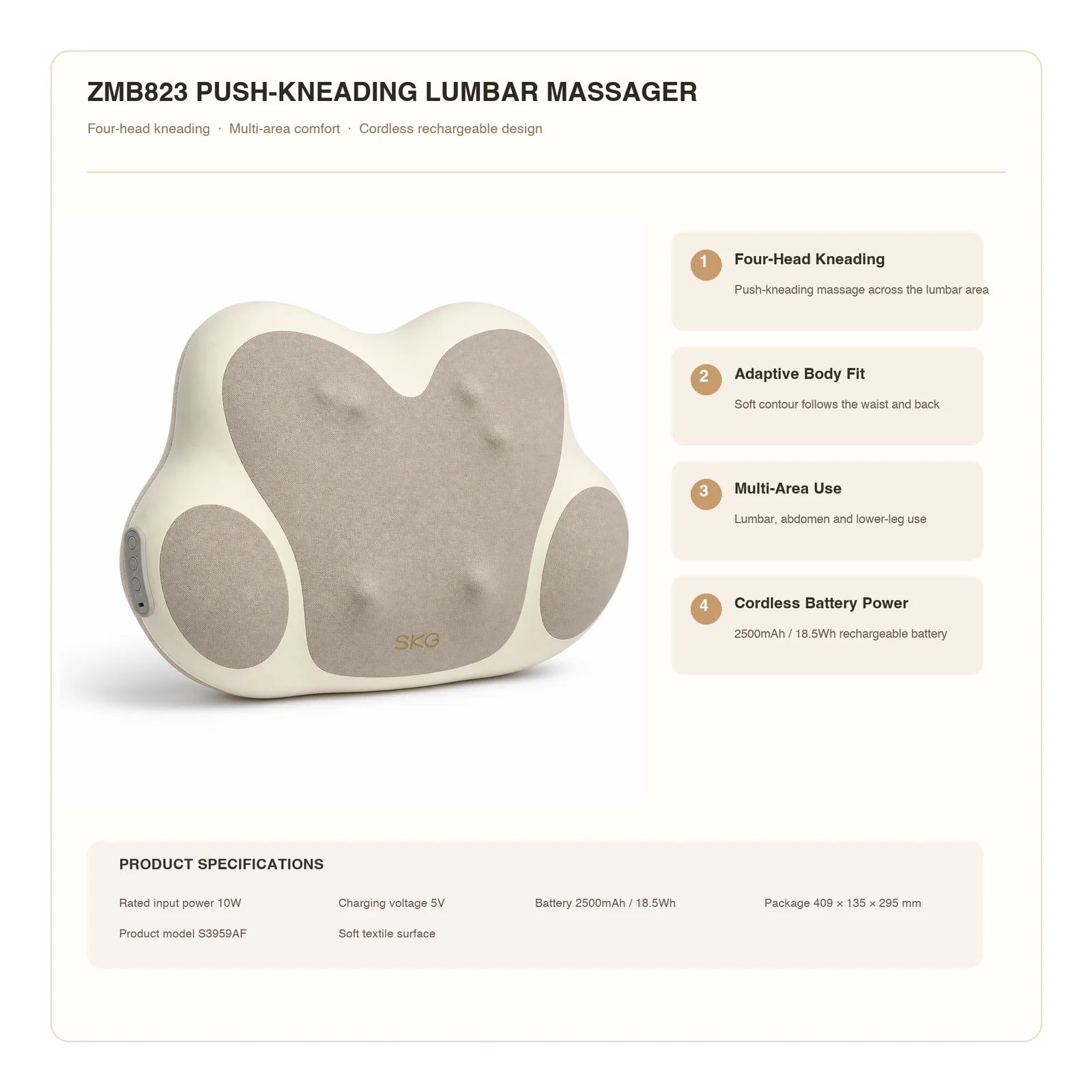 ZMB823 cordless push-kneading lumbar massager features and product specifications
