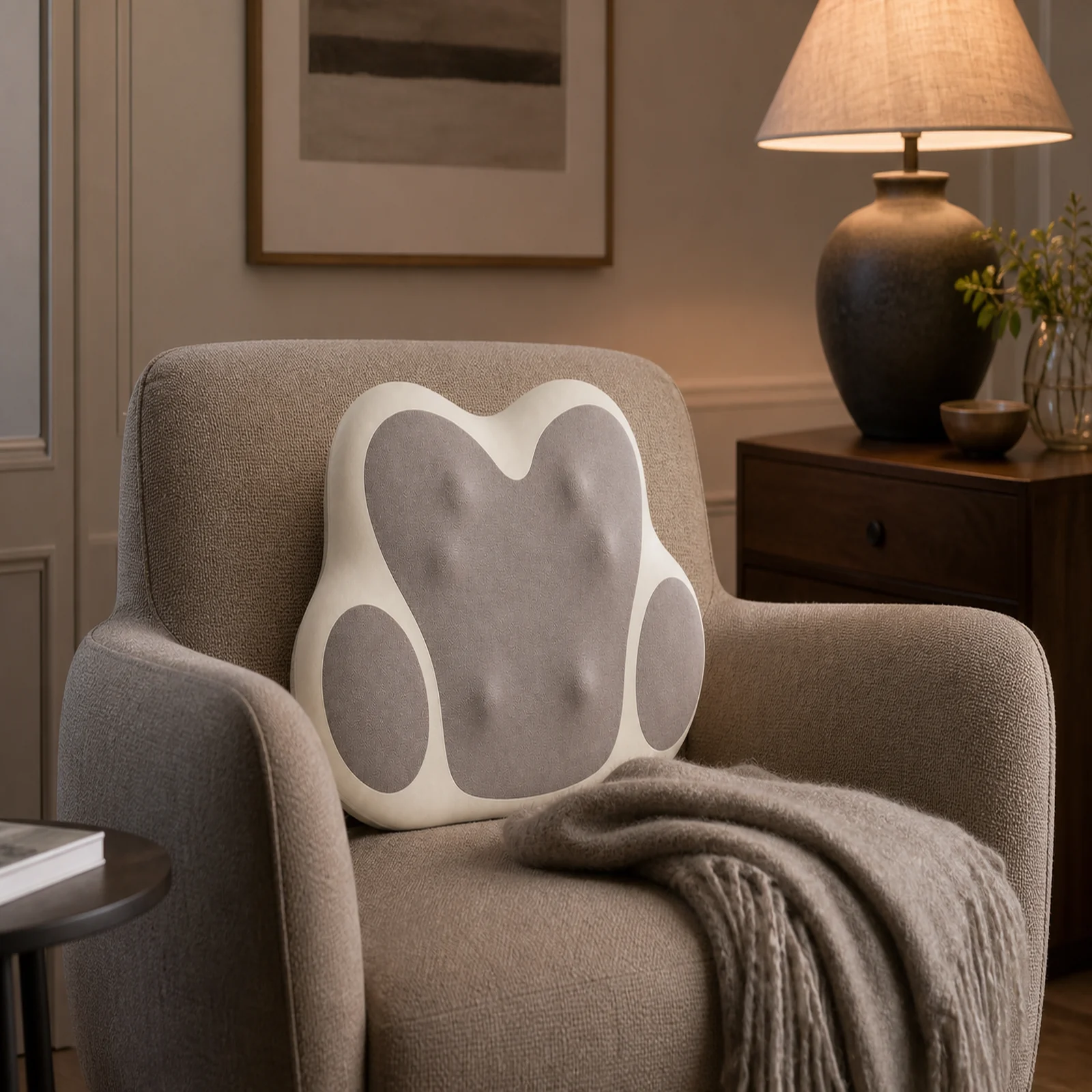 ZMB823 product massage cushion used at the lower back in a warm modern living room