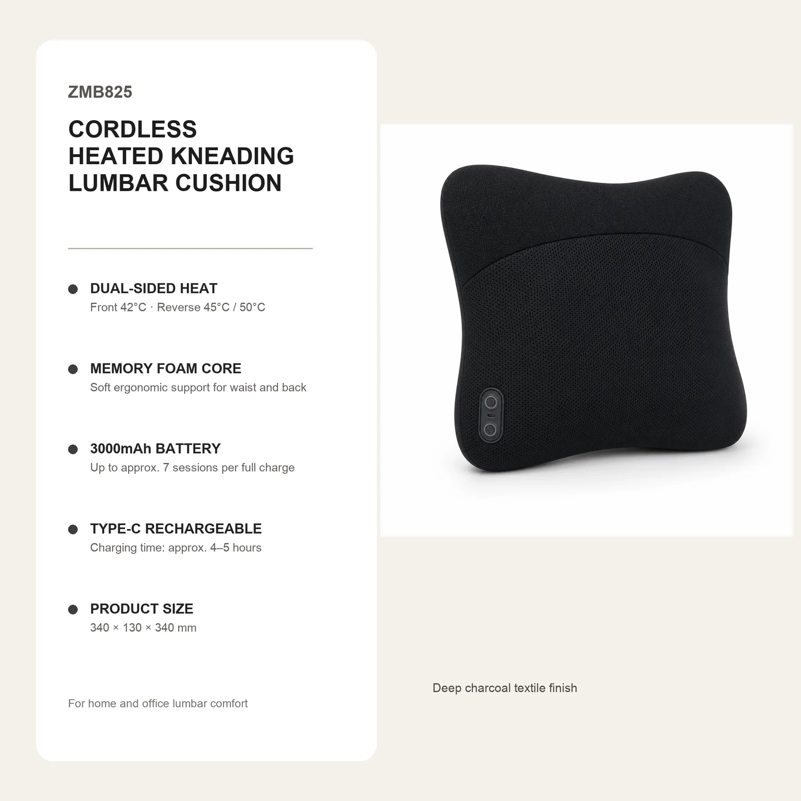 ZMB825 cordless cordless heated kneading lumbar cushion features and product specifications