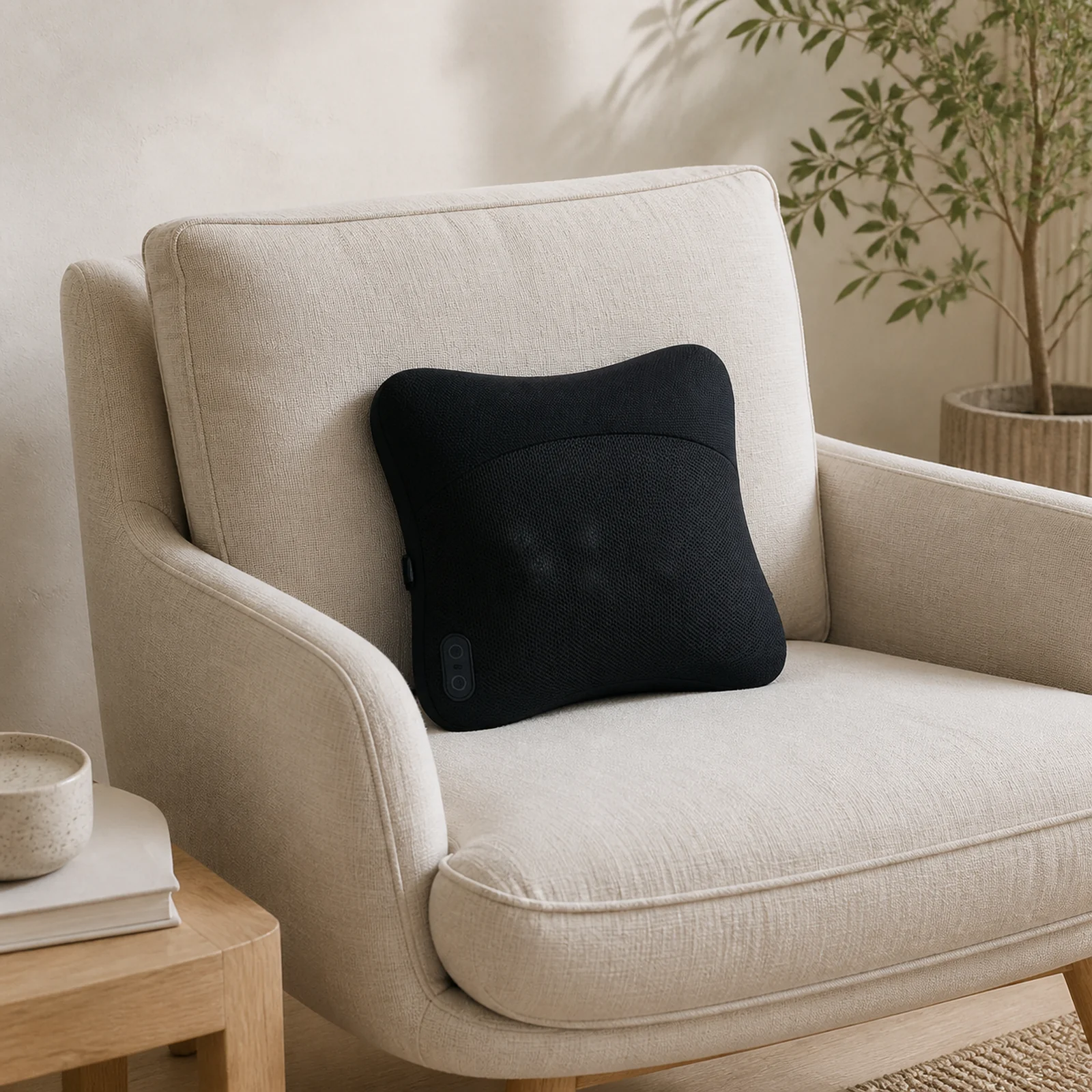 ZMB825 cordless heated kneading lumbar cushion on a modern living room sofa in daylight