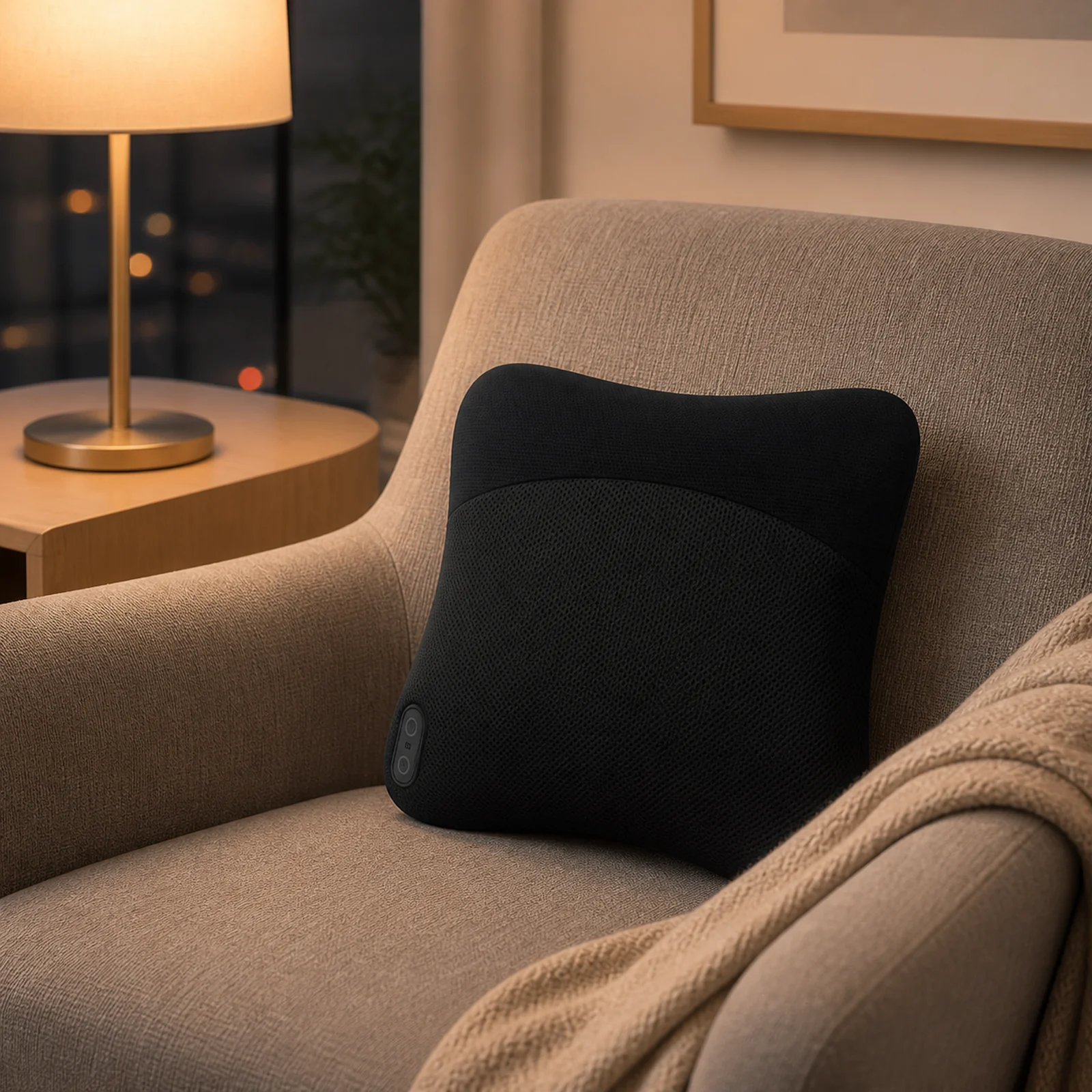 ZMB825 product massage cushion used at the lower back in a warm modern living room