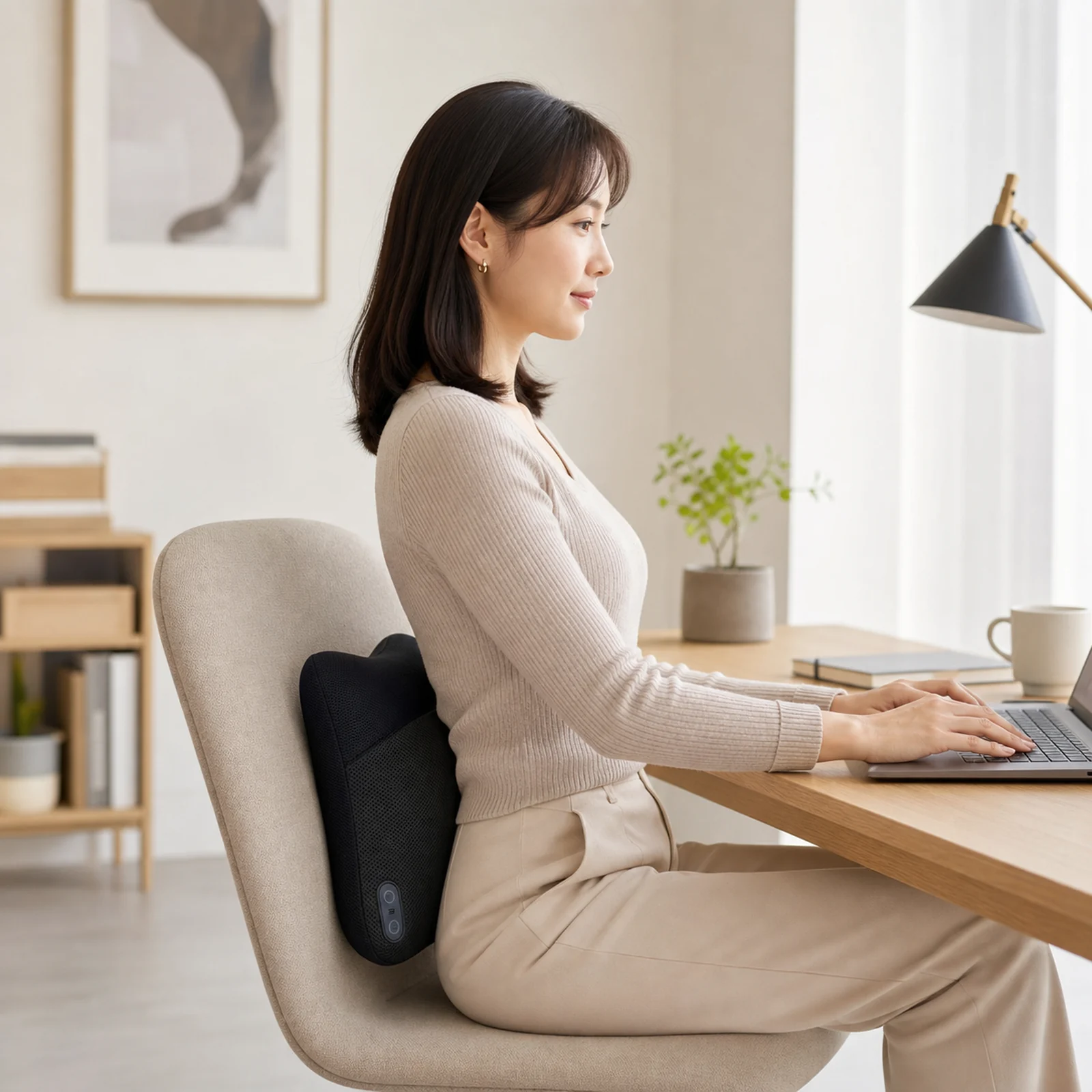 ZMB825 cordless heated kneading lumbar cushion centered at the lumbar back in an office chair
