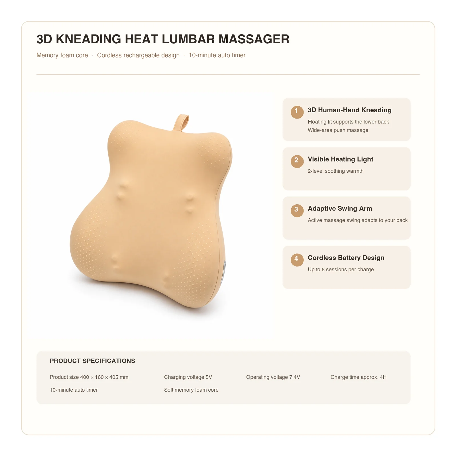 ZMB828 cordless 3D swing lumbar massage cushion features and product specifications