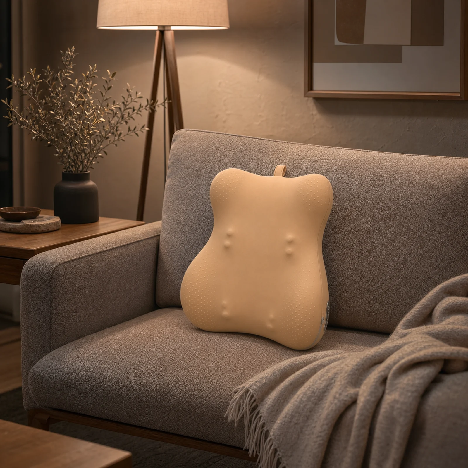 ZMB828 product massage cushion used at the lower back in a warm modern living room