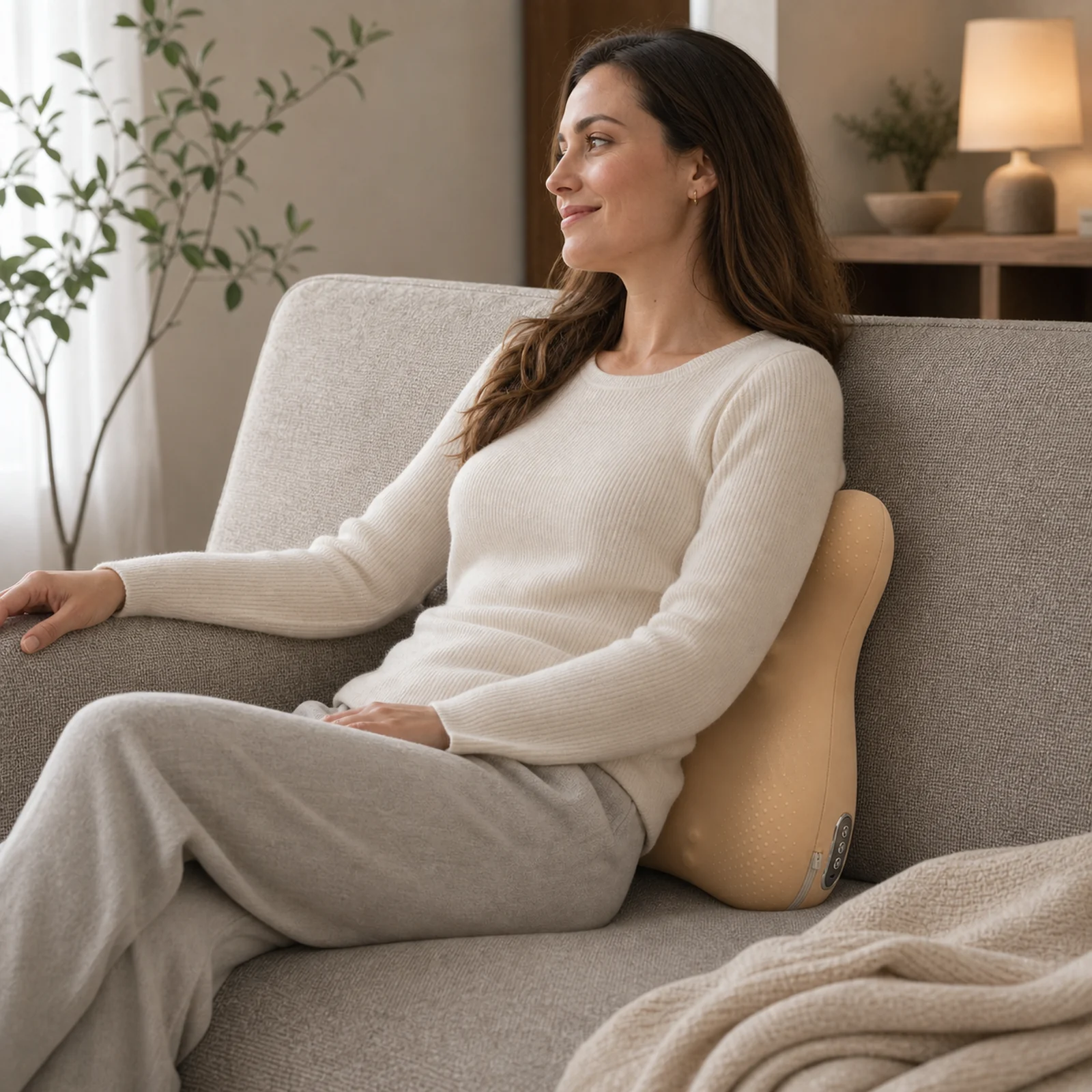 ZMB828 3D swing lumbar massage cushion centered at the lumbar back in an office chair