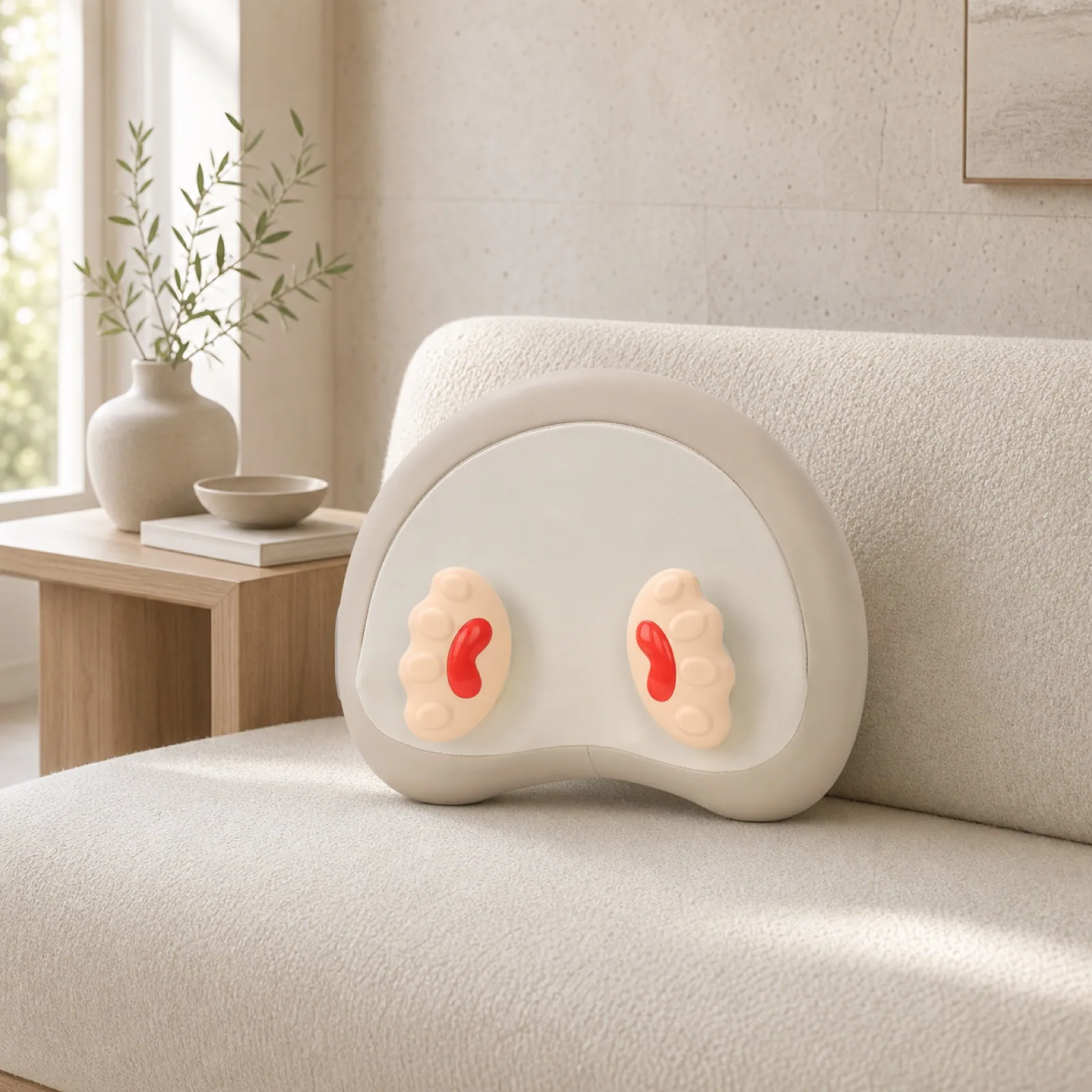 ZMB835 exposed hand kneading massage cushion on a modern living room sofa in daylight