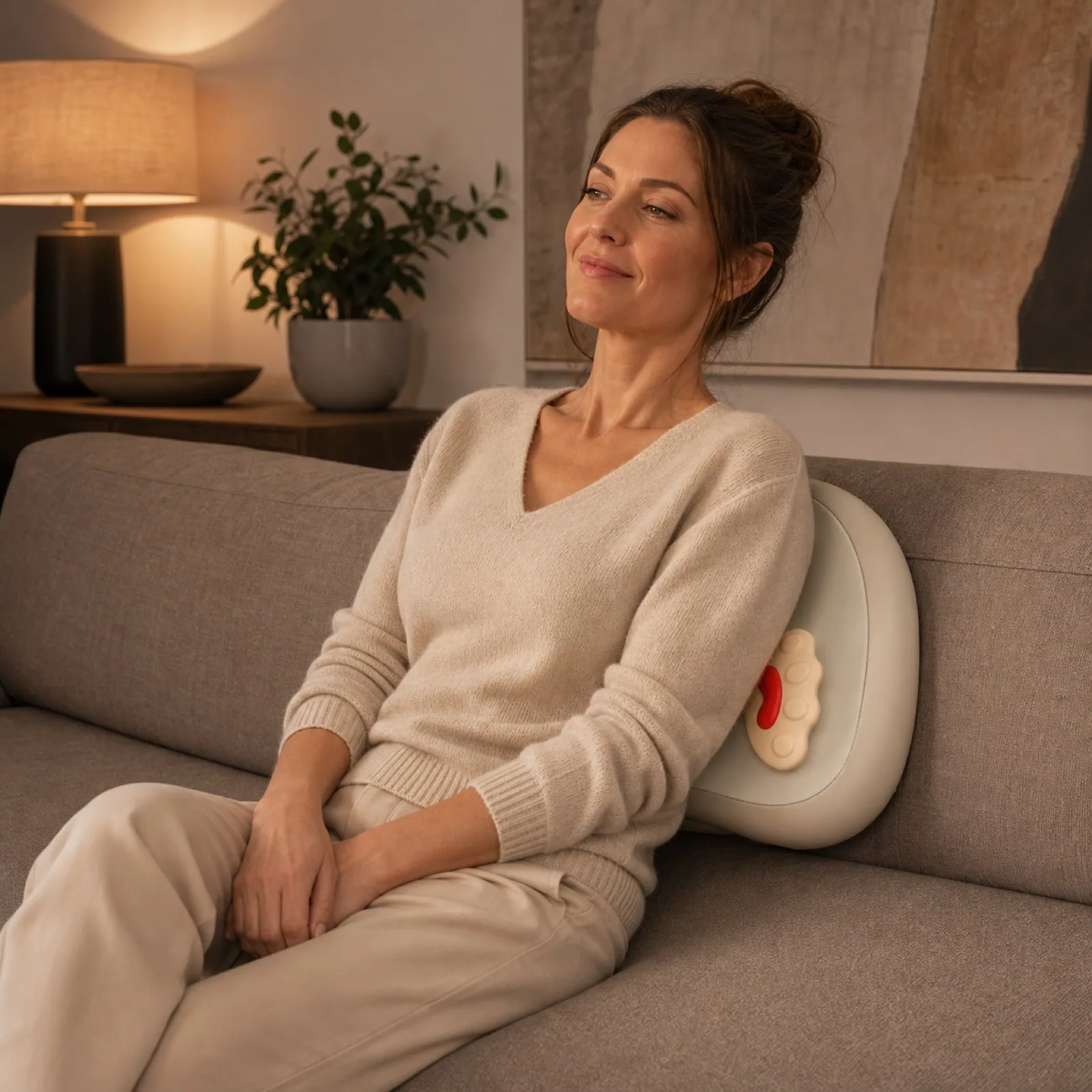 ZMB835 cordless exposed hand massage cushion used at the lower back in a warm modern living room