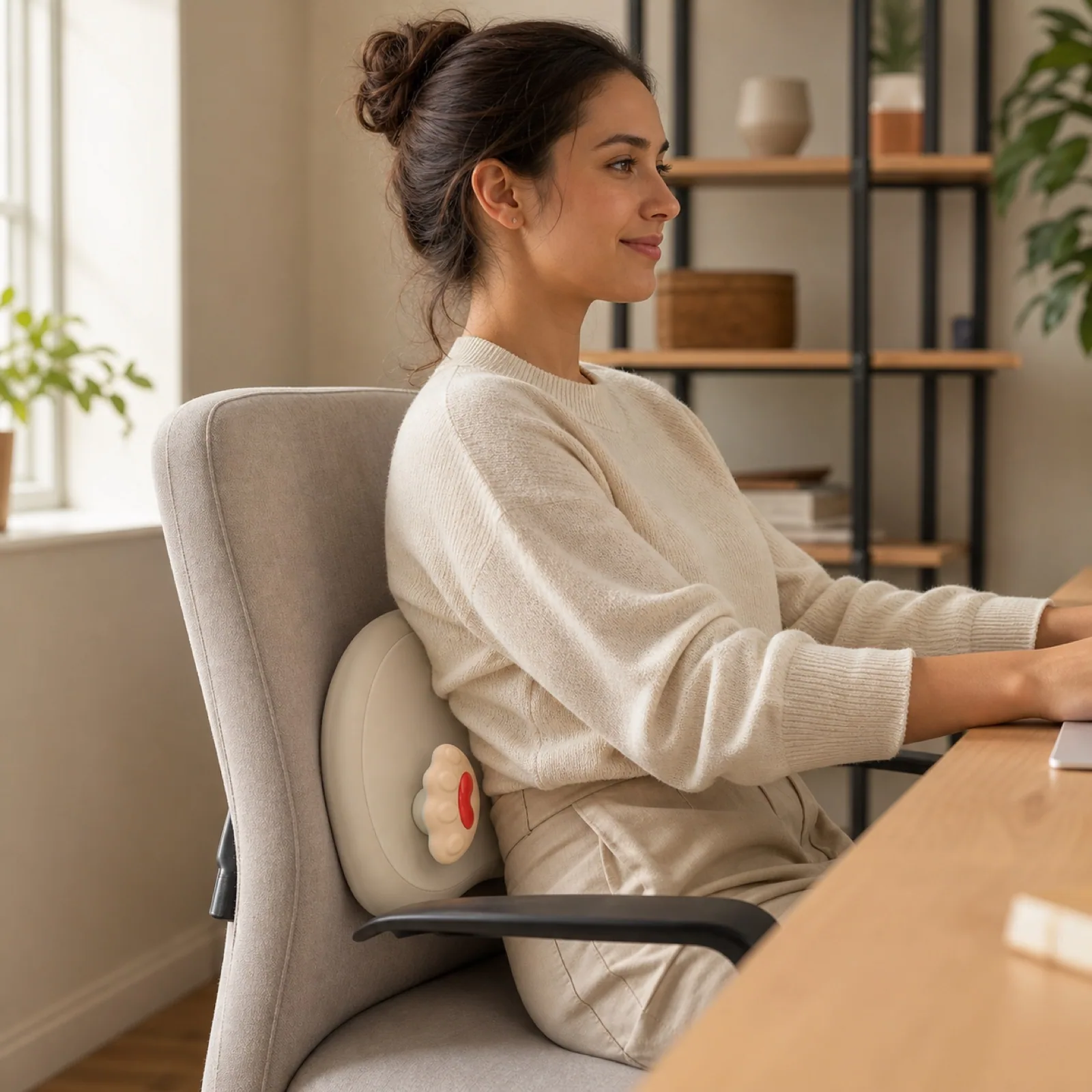 ZMB835 exposed hand kneading massage cushion centered at the lumbar back in an office chair