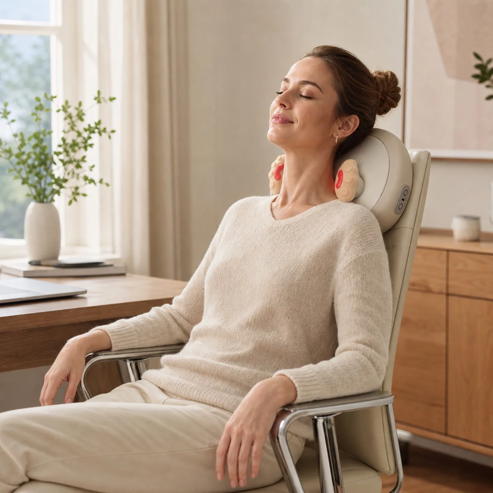 ZMB835 dual exposed massage hand cushion centered behind the neck and shoulders