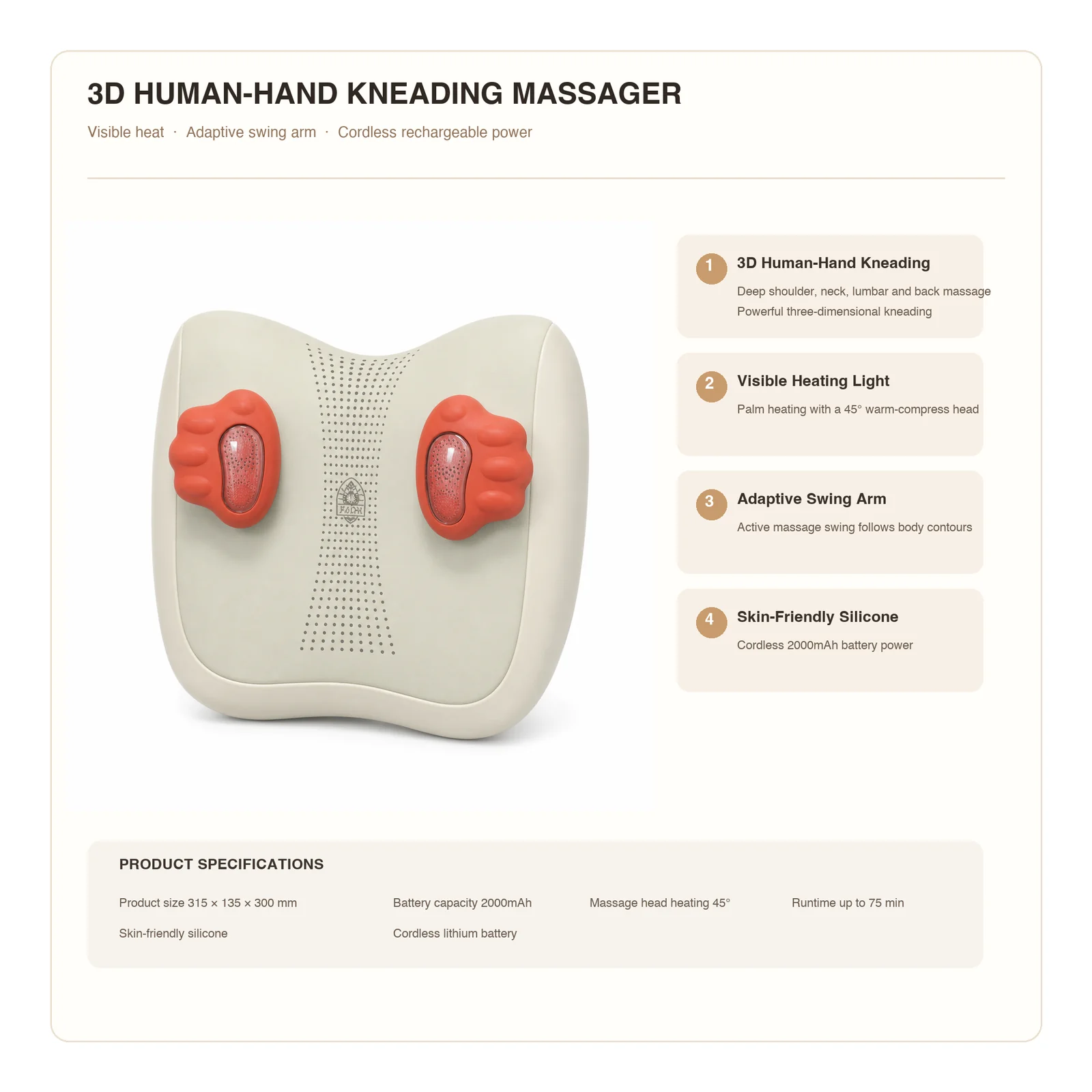 ZMB836 cordless 3D human-hand kneading massage cushion features and product specifications