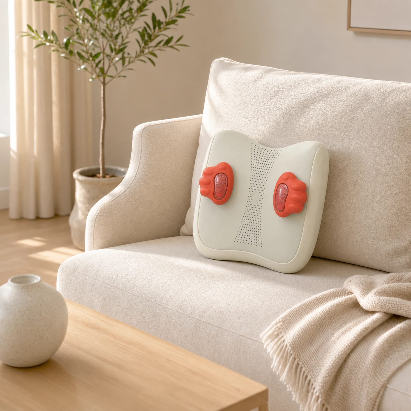 ZMB836 3D human-hand kneading massage cushion on a modern living room sofa in daylight