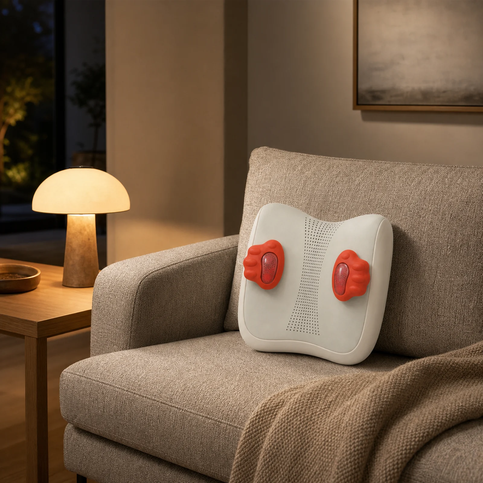 ZMB836 product massage cushion used at the lower back in a warm modern living room