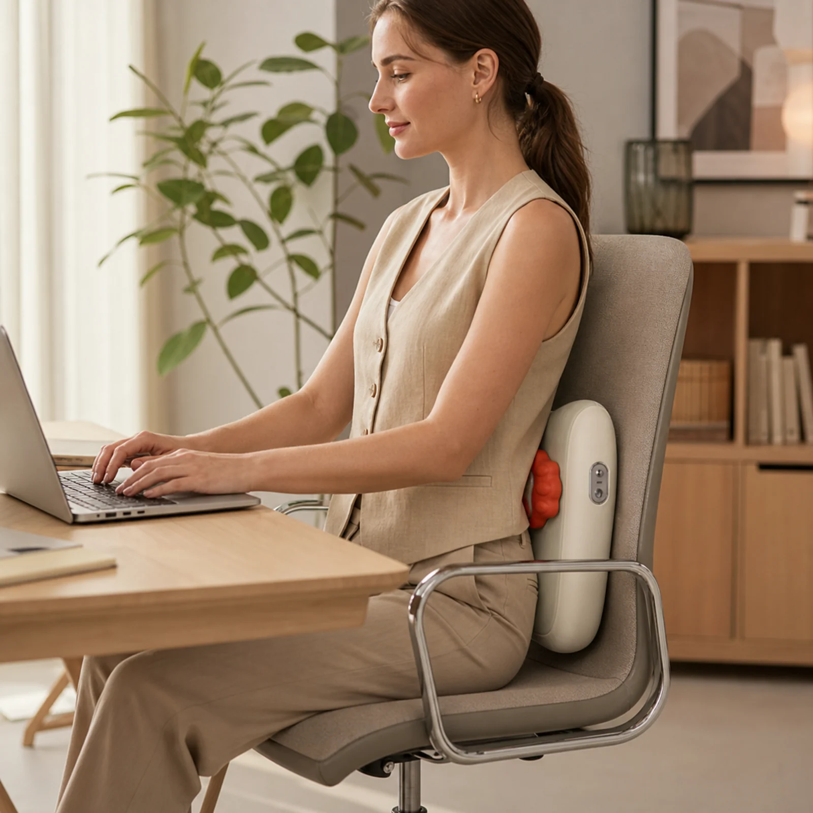 ZMB836 3D human-hand kneading massage cushion centered at the lumbar back in an office chair