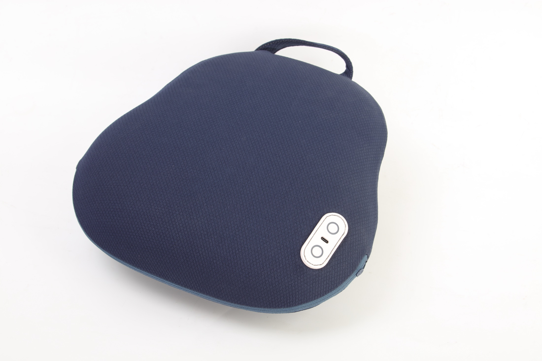 ZMB837B portable massage cushion in deep navy textile, shown from the front with a visible control panel and carry handle