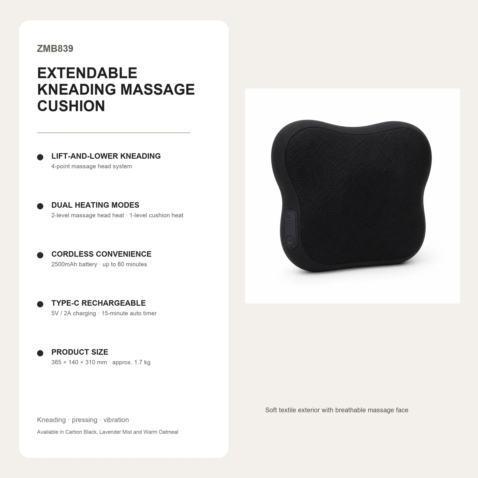 ZMB839 cordless extendable kneading massage cushion features and product specifications