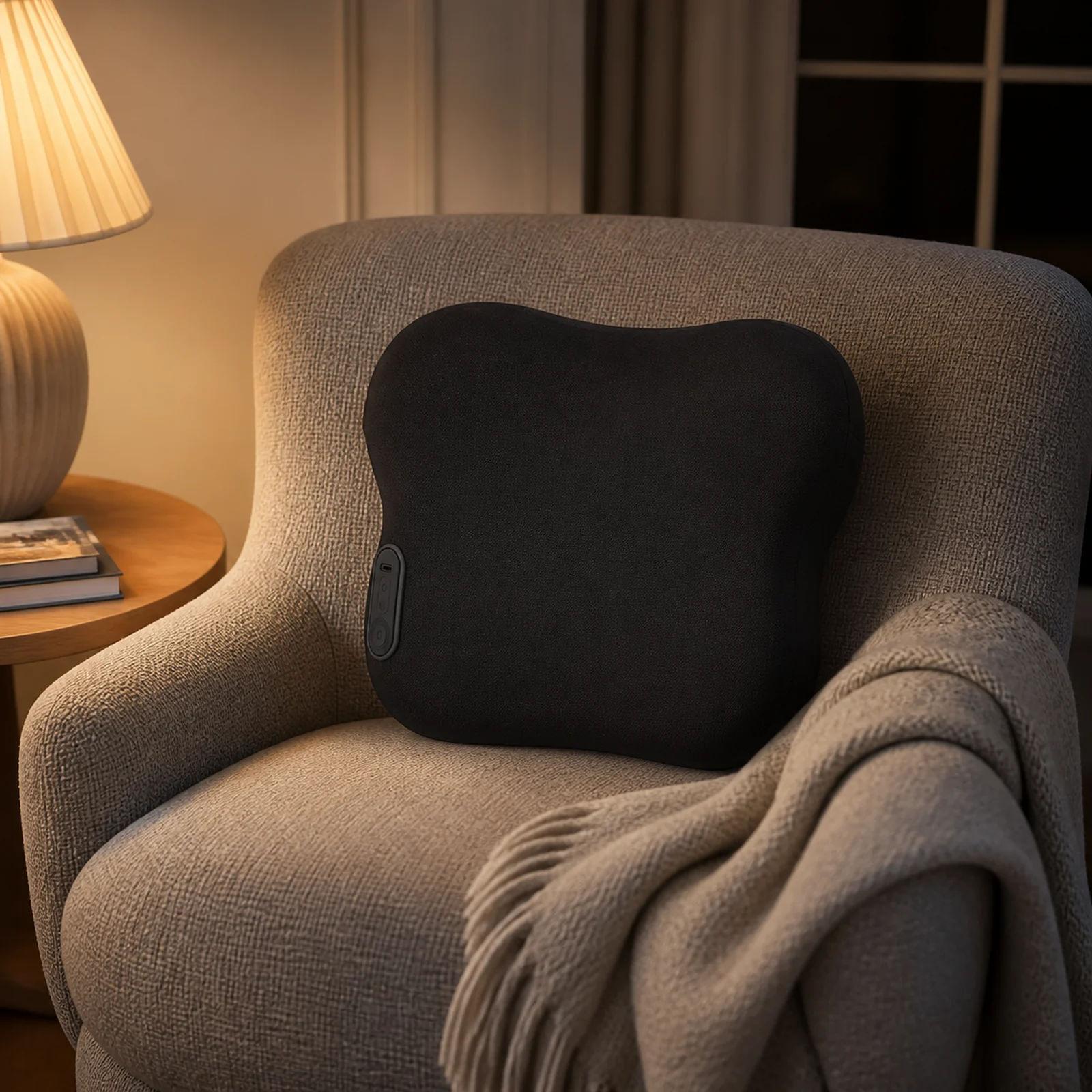 ZMB839 cordless exposed hand massage cushion used at the lower back in a warm modern living room