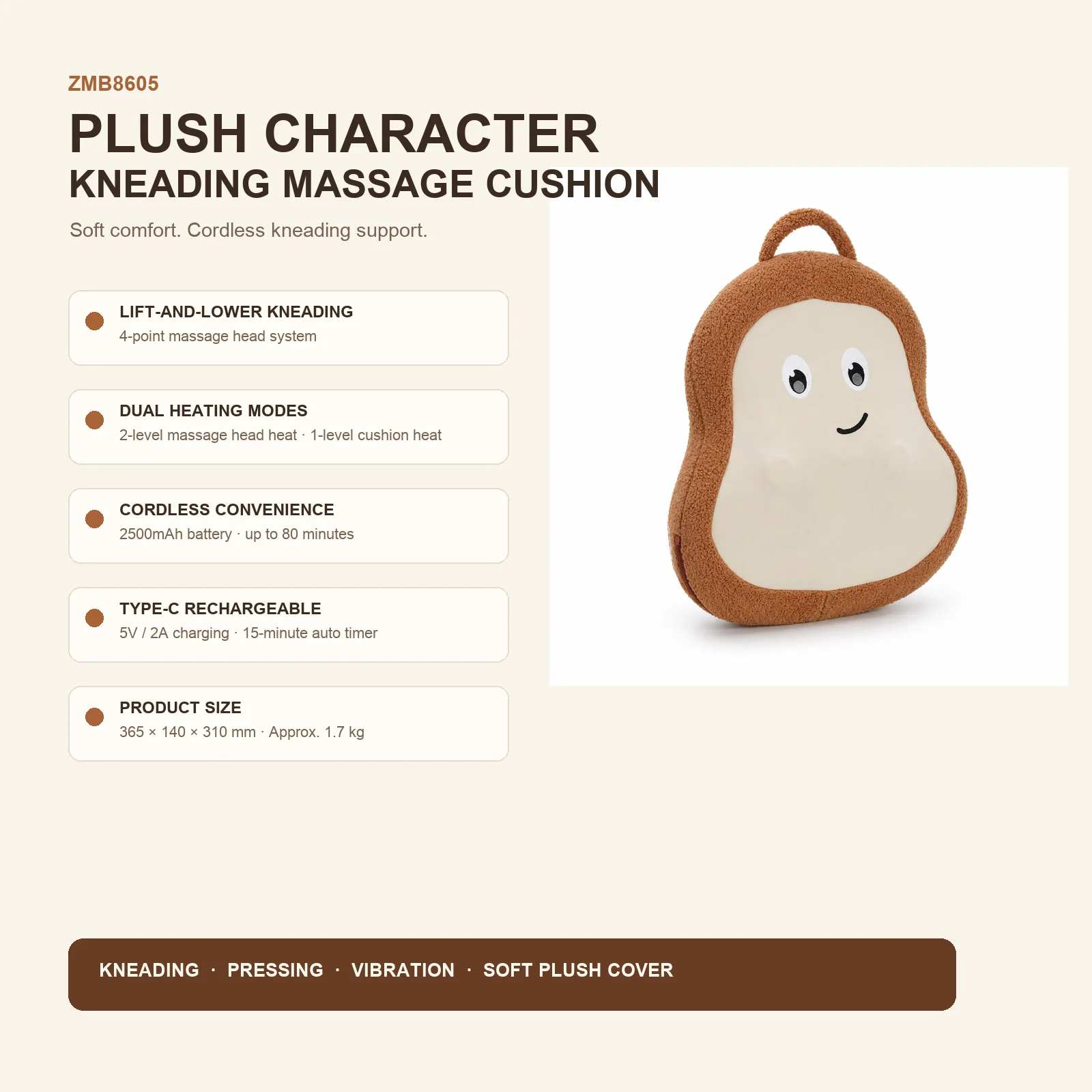 ZMB8605 cordless plush character kneading massage cushion features and product specifications