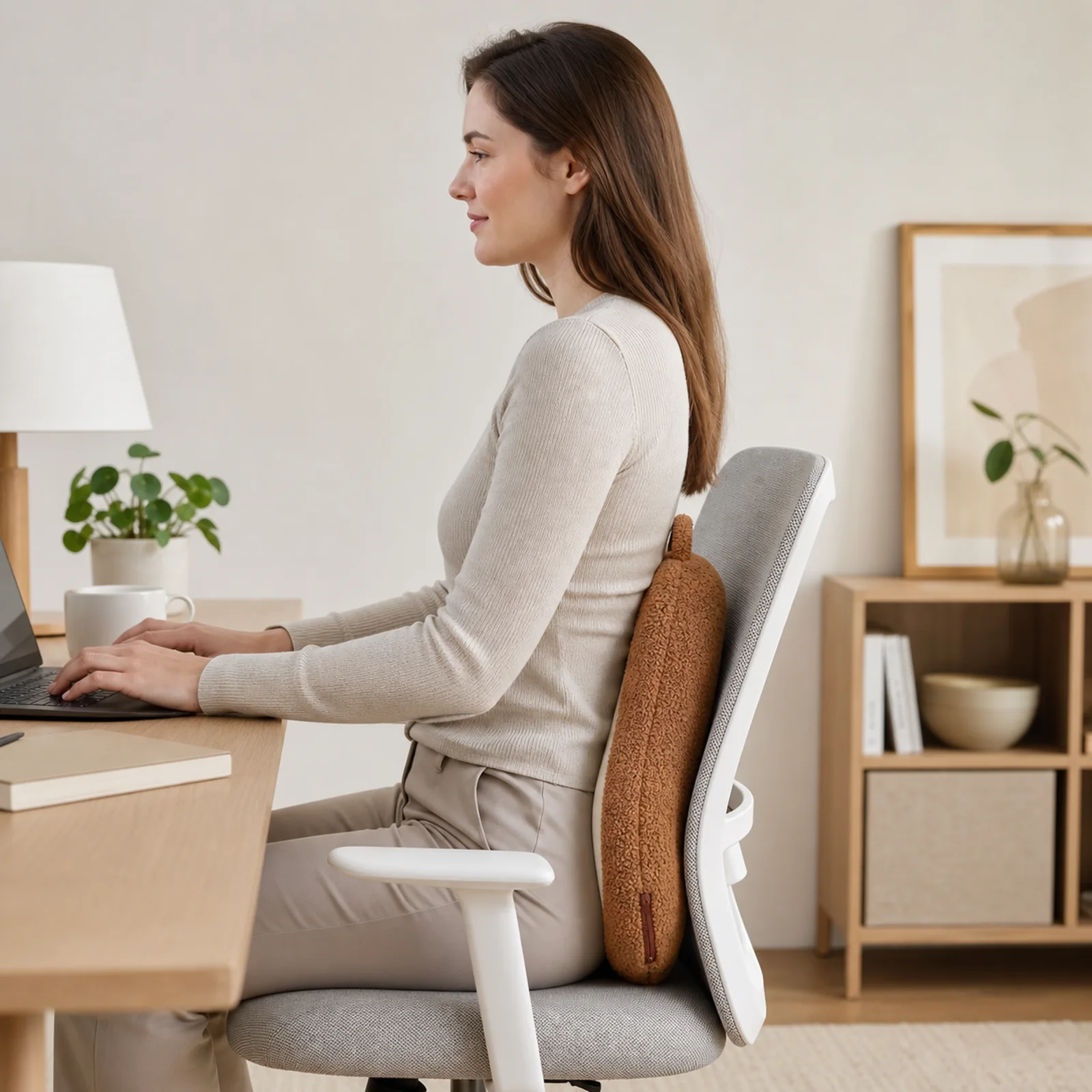 ZMB8605 plush character kneading massage cushion centered at the lumbar back in an office chair