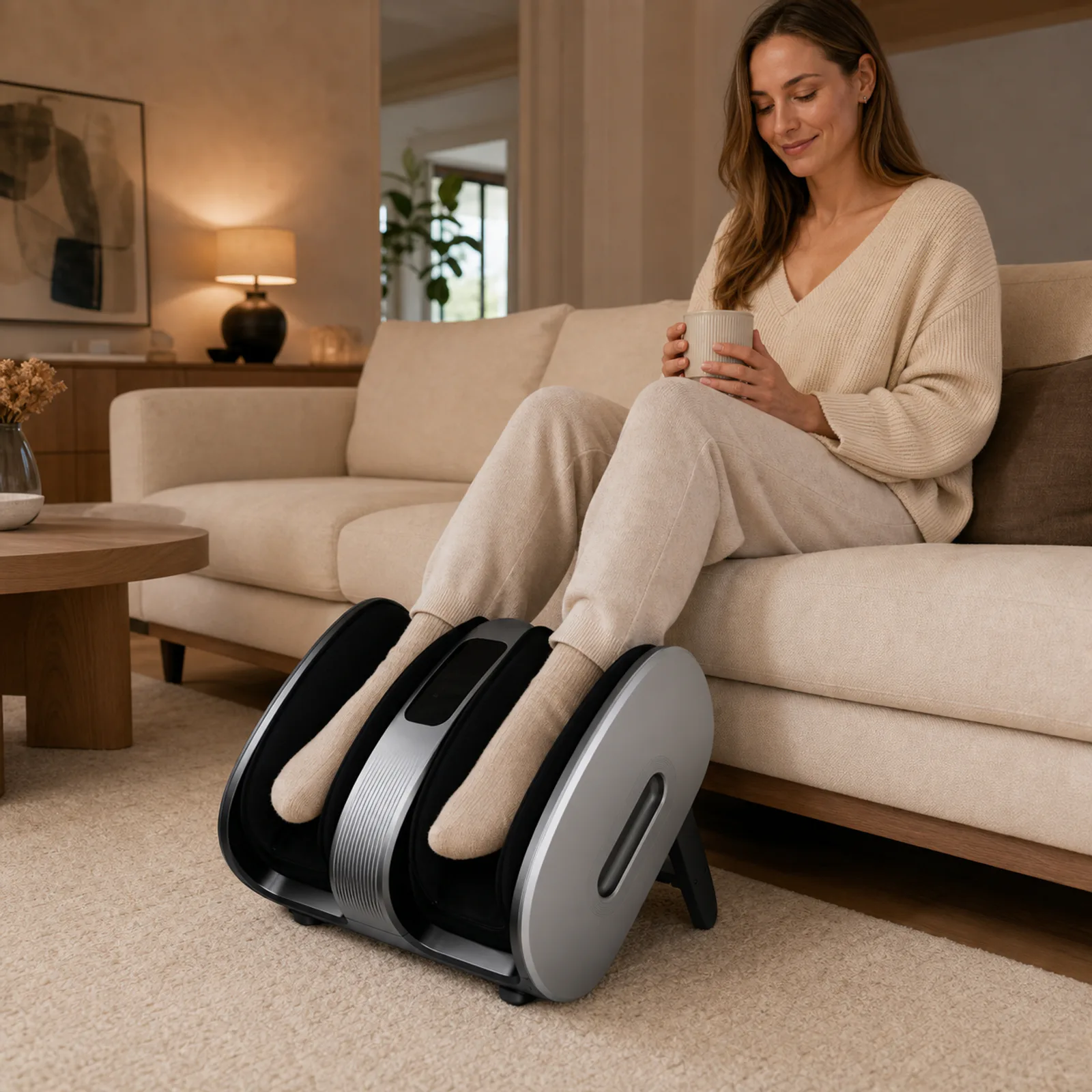 ZMF912 foot and leg massager shown in a lifestyle scene