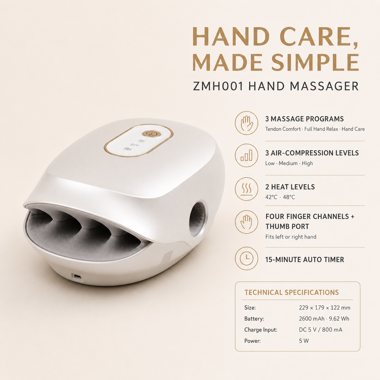 ZMH001 cordless air compression hand massager features and product specifications