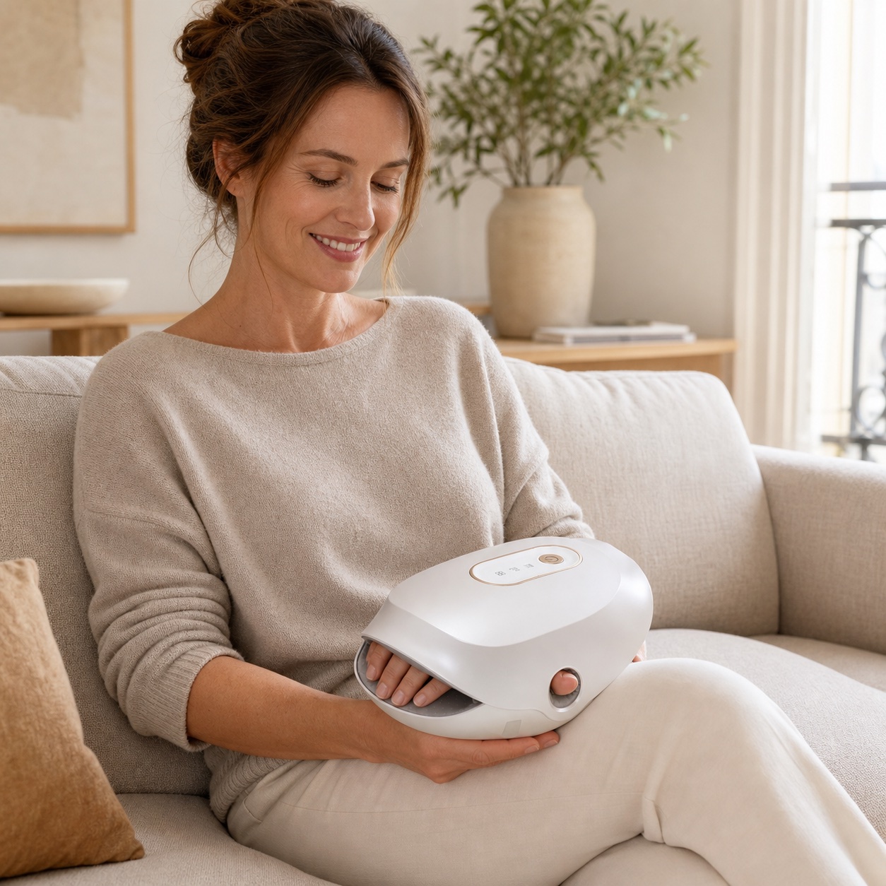ZMH001 hand massager shown in a lifestyle scene